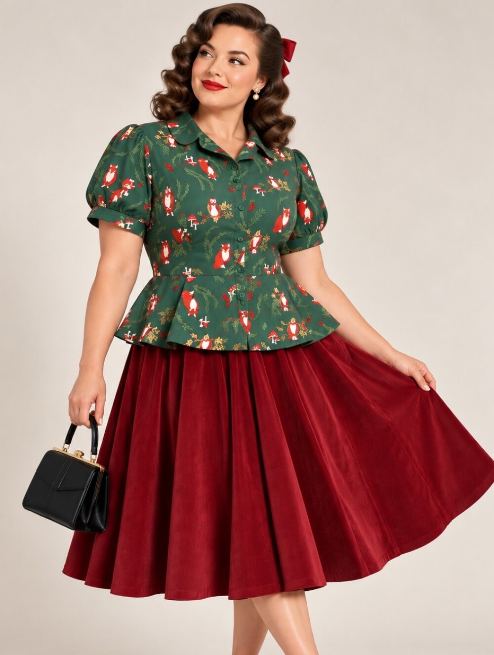 ModCloth X Collectif Green Fox Print Button-Up Peplum Top, Woodland Retro